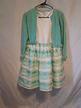 American Princess Ivory Satin Dress with Matching Cardigan Gold Script Label tag